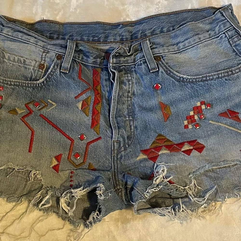 Levi's Blue Jean Shorts with Red and Brown Embroidery